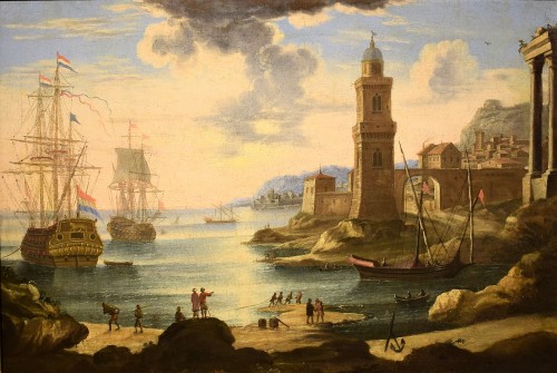 &quot;Port Scene&quot; Horace Grevenbroeck (Paris 1670-1743)  - Paintings & Drawings Style Louis XIV